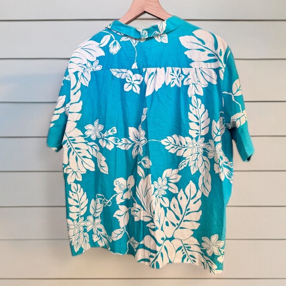 Vintage Hilo Hattie Made in Hawaii Hibiscus Cotton Button Down Shirt Blue White - Picture 2 of 5